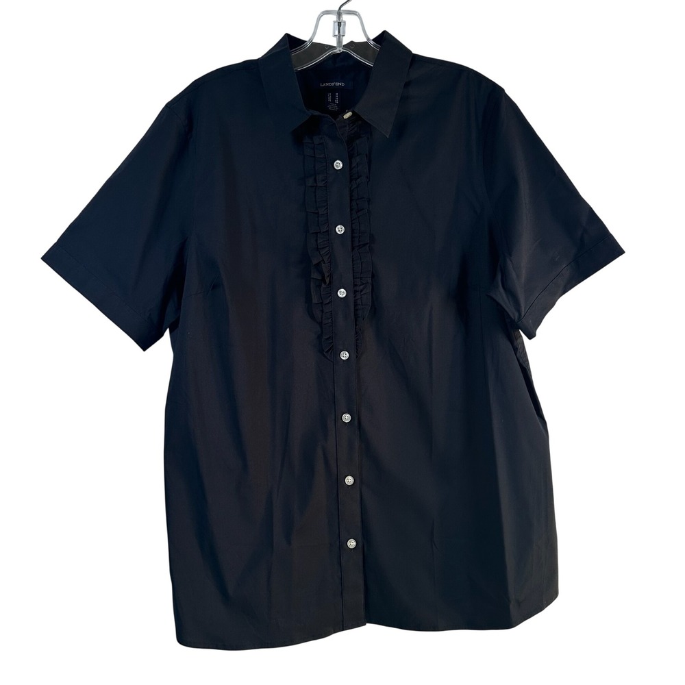 Lands End Womens Black Ruffle Front Short Sleeve Button Down Shirt Size 16